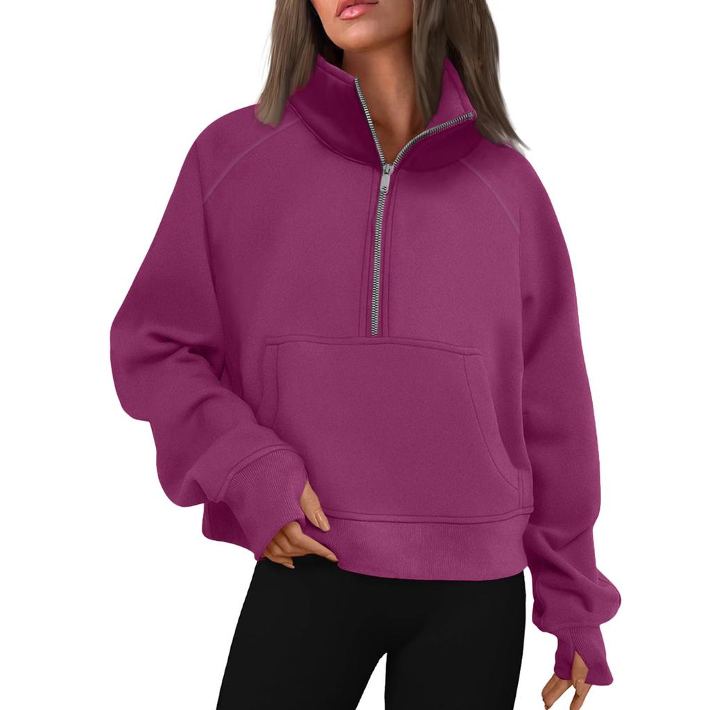 Women's Stand Collar Plus Fleece Solid Color Hoodie Long Sleeve Pocket Loose Half Zip Pullover Hoodie Top