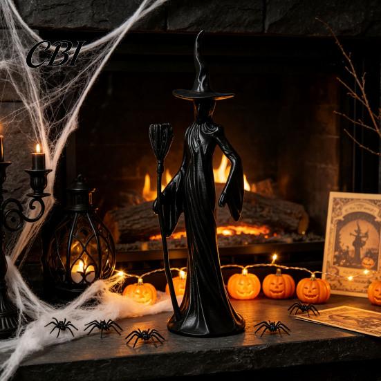 Indoor Outdoor Yard Decor Cute Witch Cat Resin Figurine, Halloween Garden Statue, Spooky Home Collectible Figures Ornaments for Patio Balcony