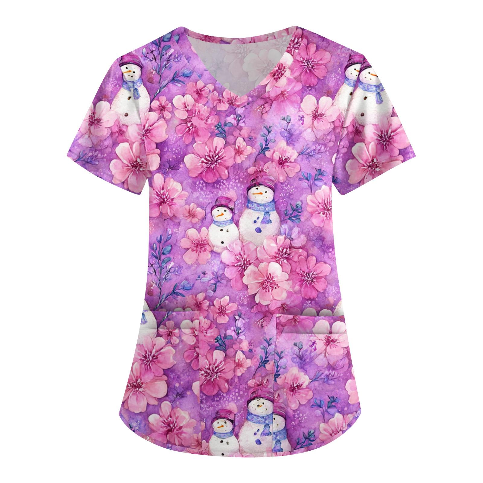 

Женская рабочая униформа с принтом, V-образный вырез, карманы, базовый короткий рукав, пуловер, топ XL фиолетовый