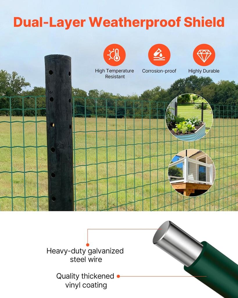 Farm Fence, 1 x 25 m, 2 x 4 in Mesh 2.1mm Galvanized Steel Wire Fencing for Cattle, Hog & Sheep, Heavy Duty Vinyl Coated Livestock Fence for Animal