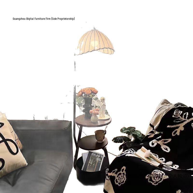 American Retro Floor Lamp with Charging Shelf and Fabric Shade