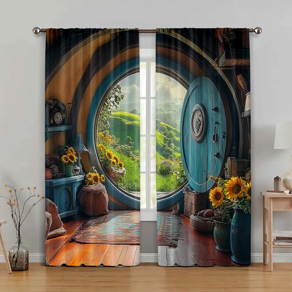 2pc, Party Window Curtains Charming Hobbit Hole Polyester,Without Electricity Festive Wall Decor Applies to Classroom