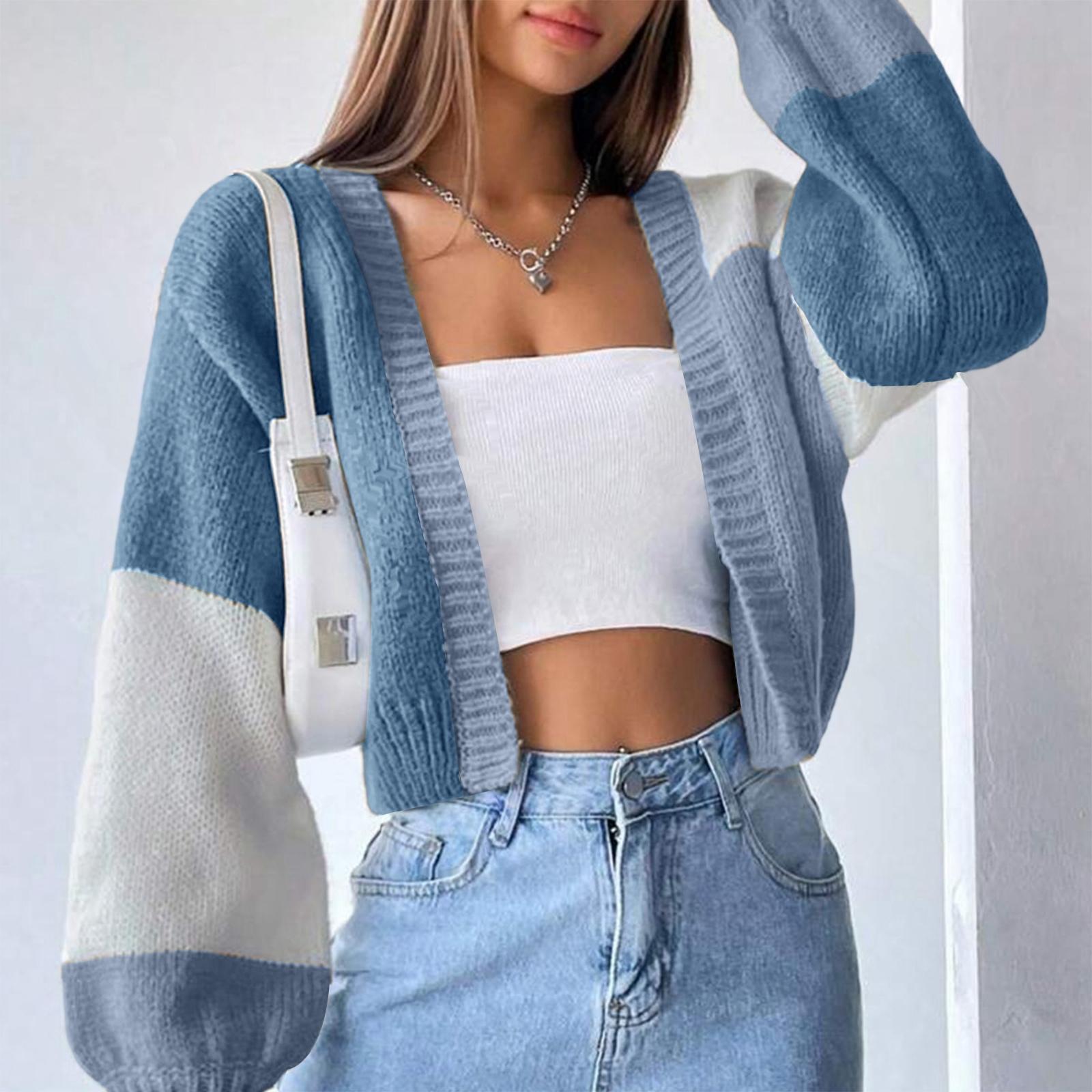 

Женский универсальный трикотажный свитер-жакет с цветными блоками, повседневный, в полоску, с длинным рукавом XL небесно-голубой