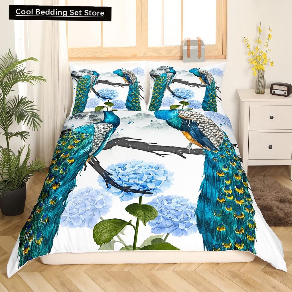 Pfau Bettbezug King Queen Größe Kolibri Libelle Bettwäscheset Blumen Vögel Bettdeckenbezug Floral Tiere Bettdeckenbezug