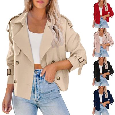 Women's Fashionable Casual Pocket Short Double Breasted Windbreaker Jacket