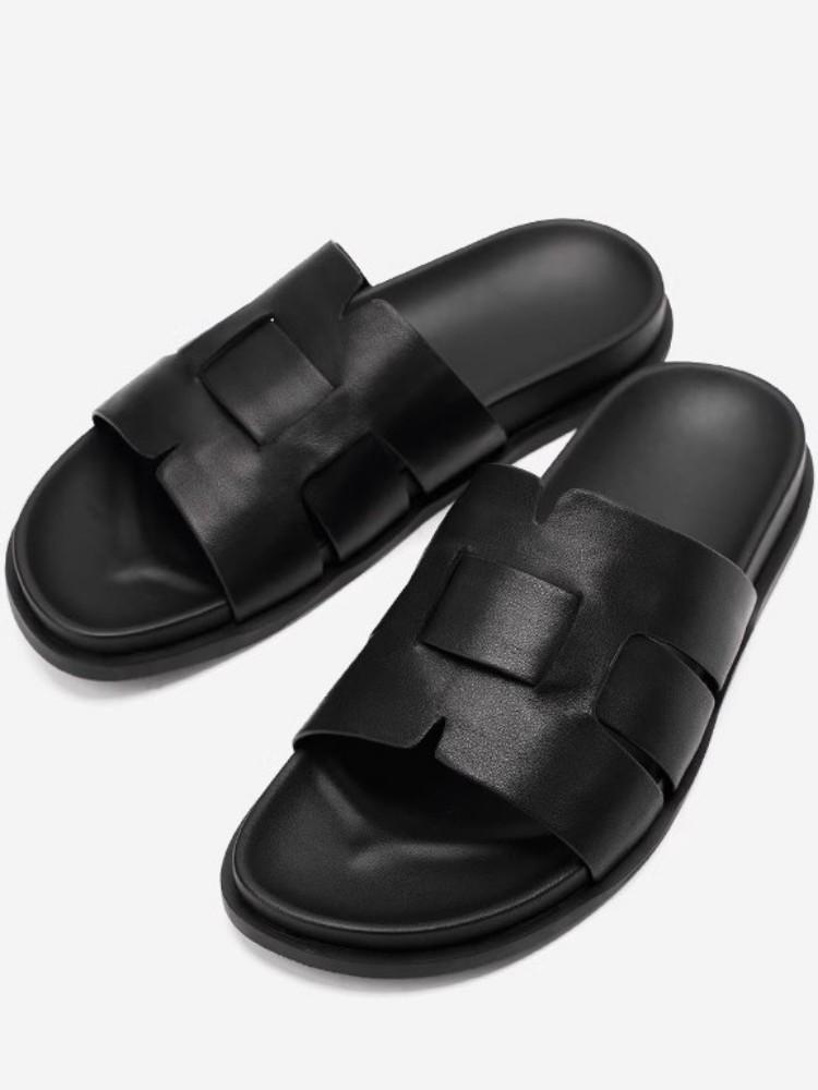 Summer Leisure Fashion Cowhide Flat Mens Slippers Personalized Trend Breathable Open Toe Solid Color Hard-Wearing Slides
