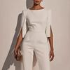 women's Pearl Embellished 3/4 Sleeve Solid Color Slim Fit Straight Leg Jumpsuit Evening Party Romper
