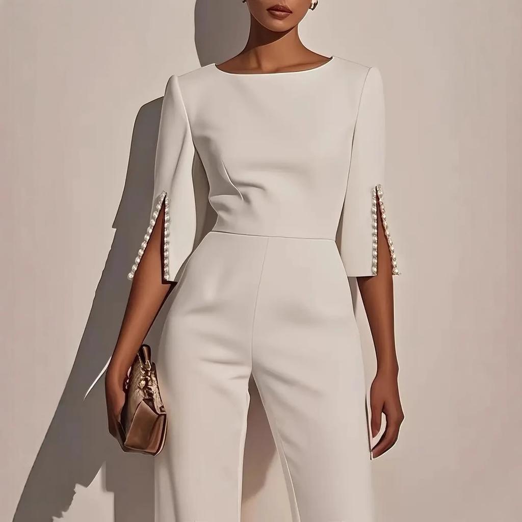 women's Pearl Embellished 3/4 Sleeve Solid Color Slim Fit Straight Leg Jumpsuit Evening Party Romper