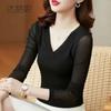 Womens V Neck Mesh Top Long Sleeve Sheer Slim Fit Blouse