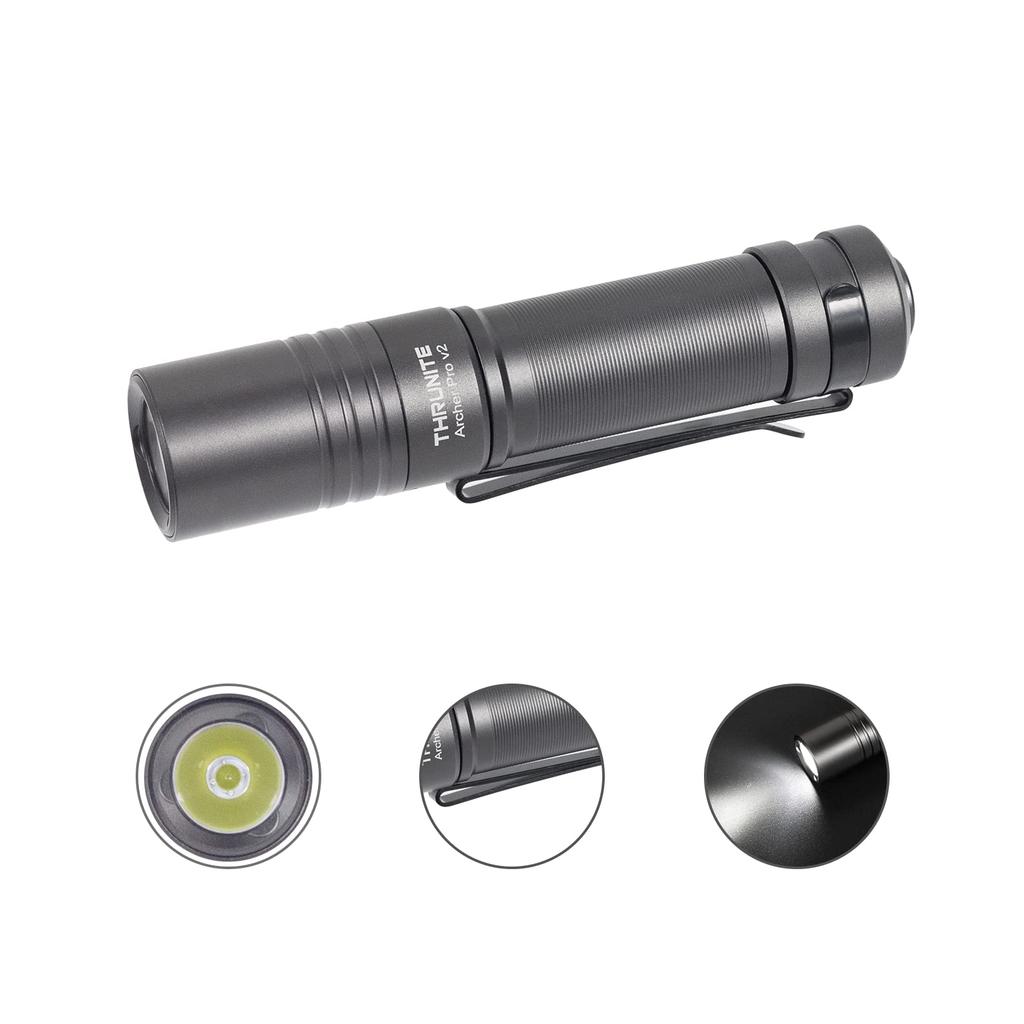 ThruNite ARCHER PRO V2 EDC Mini Tail Switch LED USB C Compact Pocket Flashlight with 4 Modes Lightweight for Emergency Outdoor and Power Outages Gray