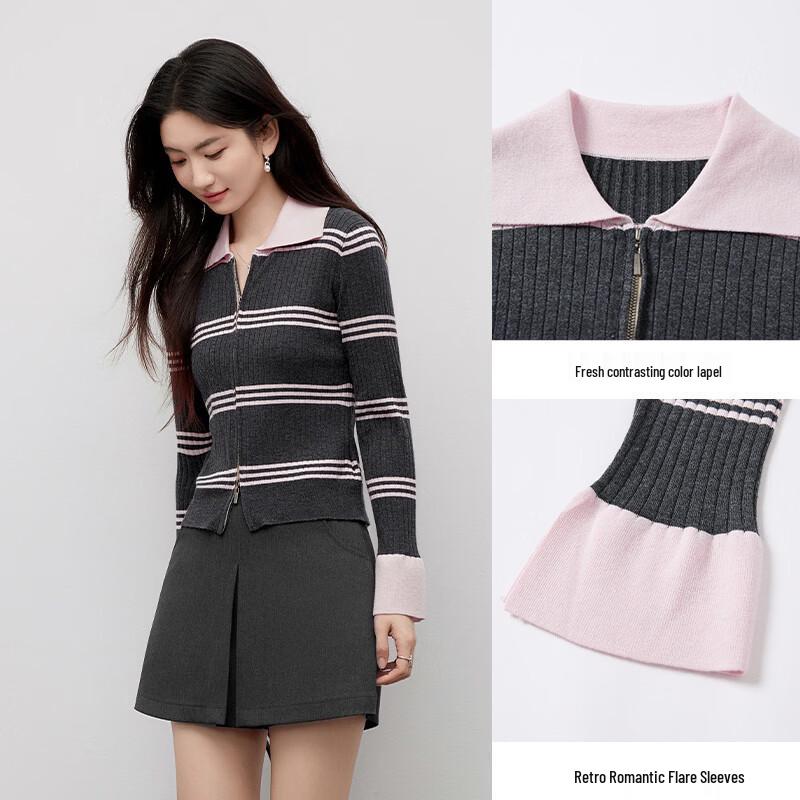 Women's Double Zipper Lapel Knit Cardigan with Flared Sleeves
