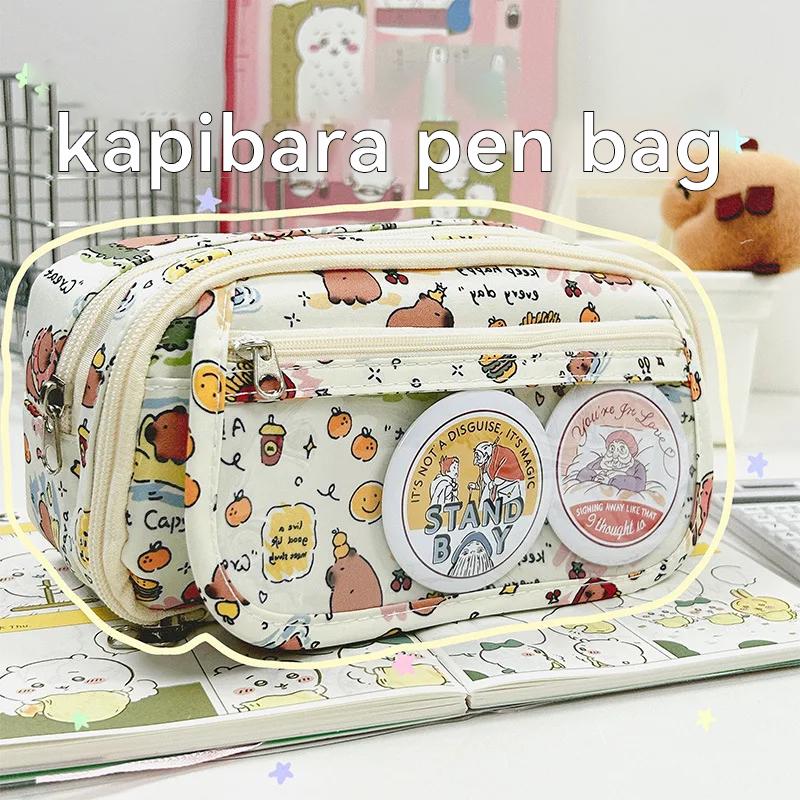 Kawaii Kapibara Pencil Case Large Capacity Multifunction Storage Bag Creative Flip Cartoon Stationery Bag Office Supplies