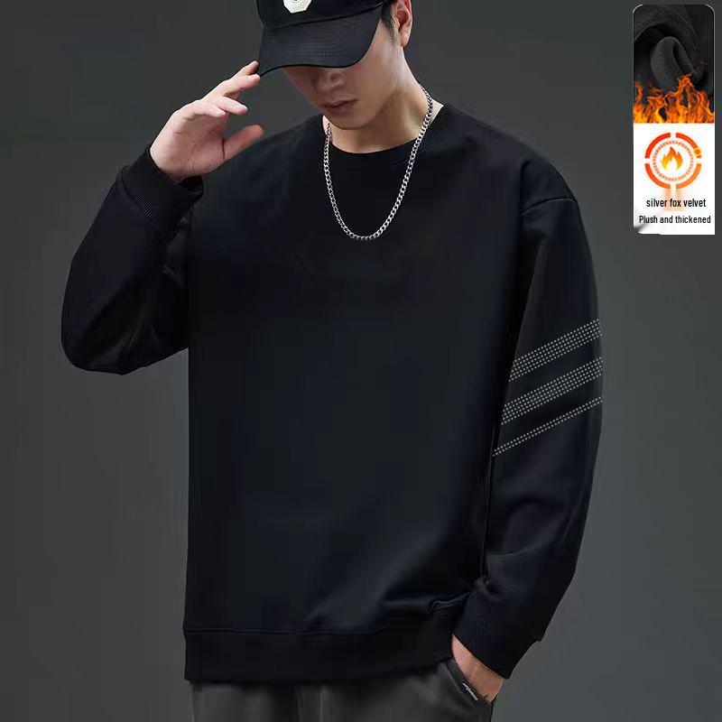 Men's Versatile Long Sleeve Round Neck Loose Fit Pullover with Plus Velvet for Autumn/Winter