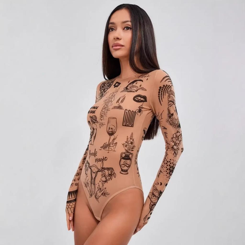 D9968 Amazon Europe and the United States Hot-selling Women's Clothing, Fashionable and Sexy Printing Long-sleeved Crew Neck Tight High-waisted Onesie
