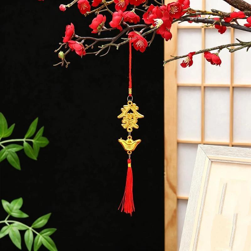 Chinese Lucky Fu Gold Ingot Hanging Ornaments Handwoven Tassel Auspicious Decor for Home New Year Celebration Gift