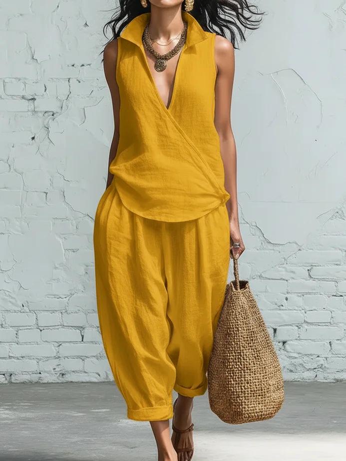 Spring/Summer Women's Lapel Shirt and Wide-Leg Pants Linen Set