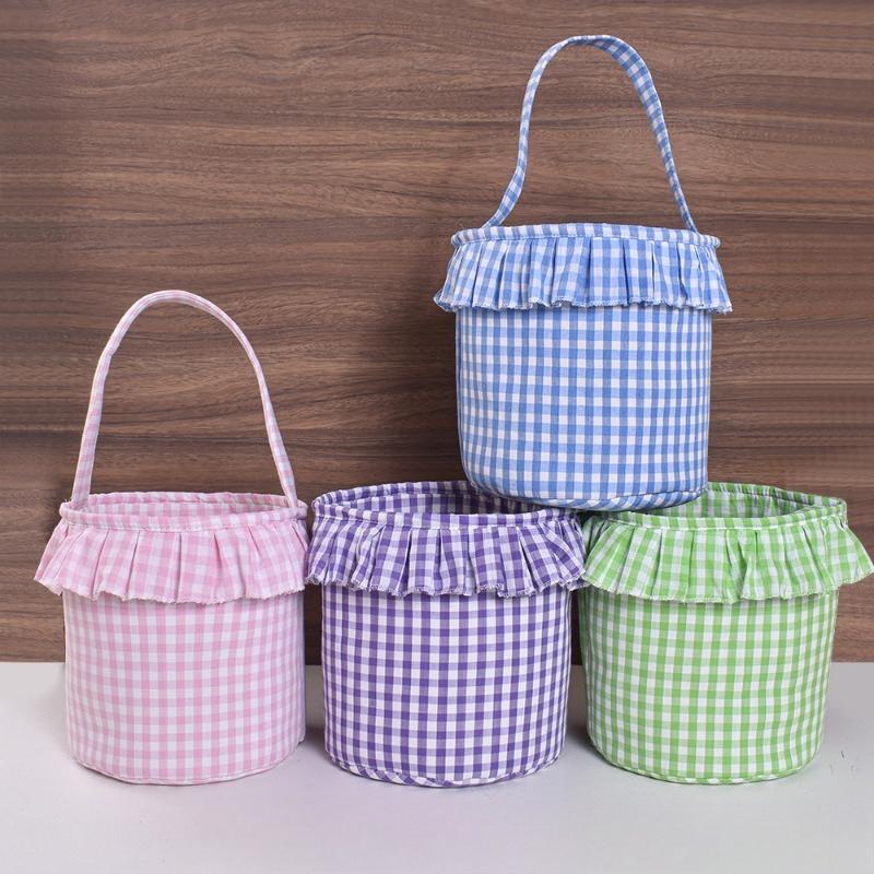 1pcs Gingham Easter Basket for Party Decoration Cotton Canvas Gift Candy Storage Bag with Handles Gingham Fabric