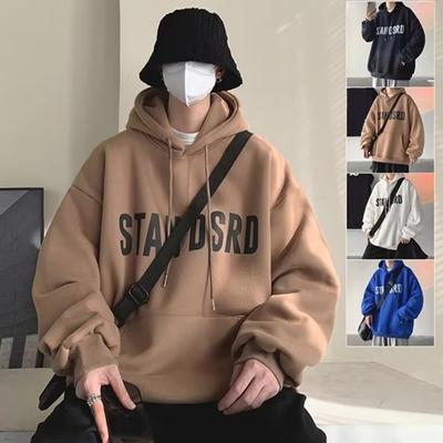 Men Fall Winter Hoodie Solid Color Plus Size Letter Printing Drawstring Long Sleeves Big Pocket Hooded Loose Daily Wear Casual Sport Top