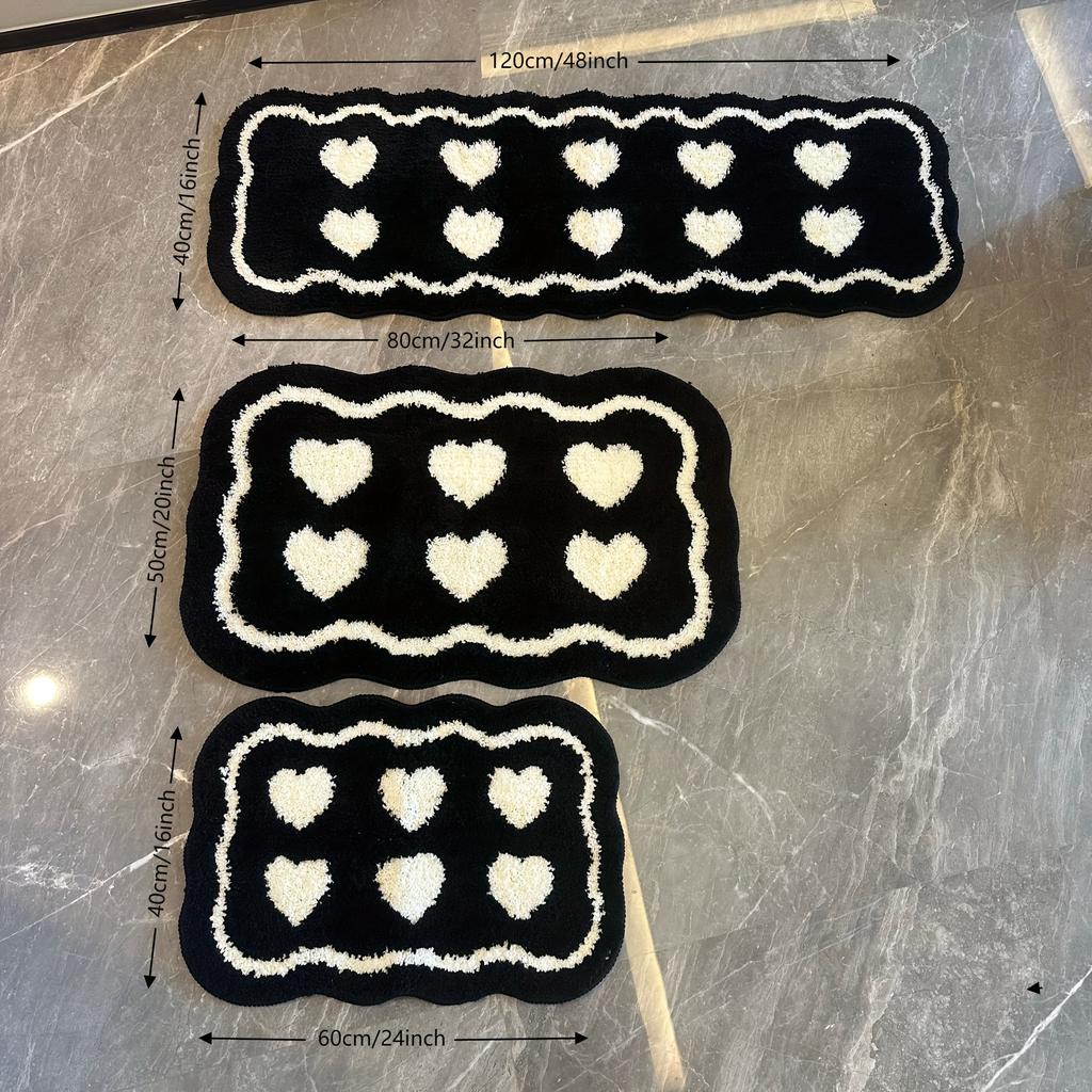 Black White Heart Pattern Bath Mat Absorbent Non-Slip Kitchen Bathroom Rug Soft Fluffy Shower Floor Mat Home Bathroom Decor Gift