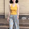 Yellow v-neck knitted neck hanging big halter sleeveless vest for women's summer wear French romantic small suspender top