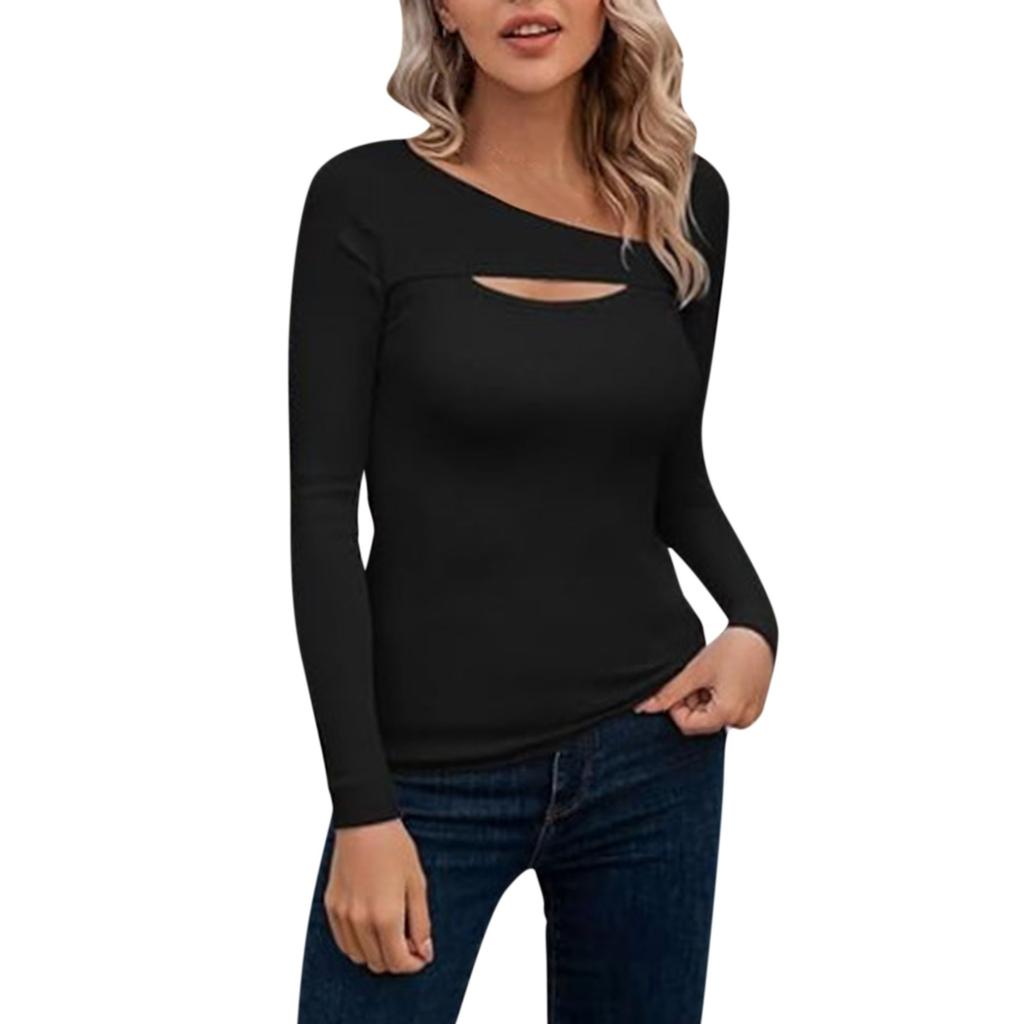 Women's Fashion Solid Color Long Sleeved Sexy Slim Fit T-shirt Hollow Top Bottom