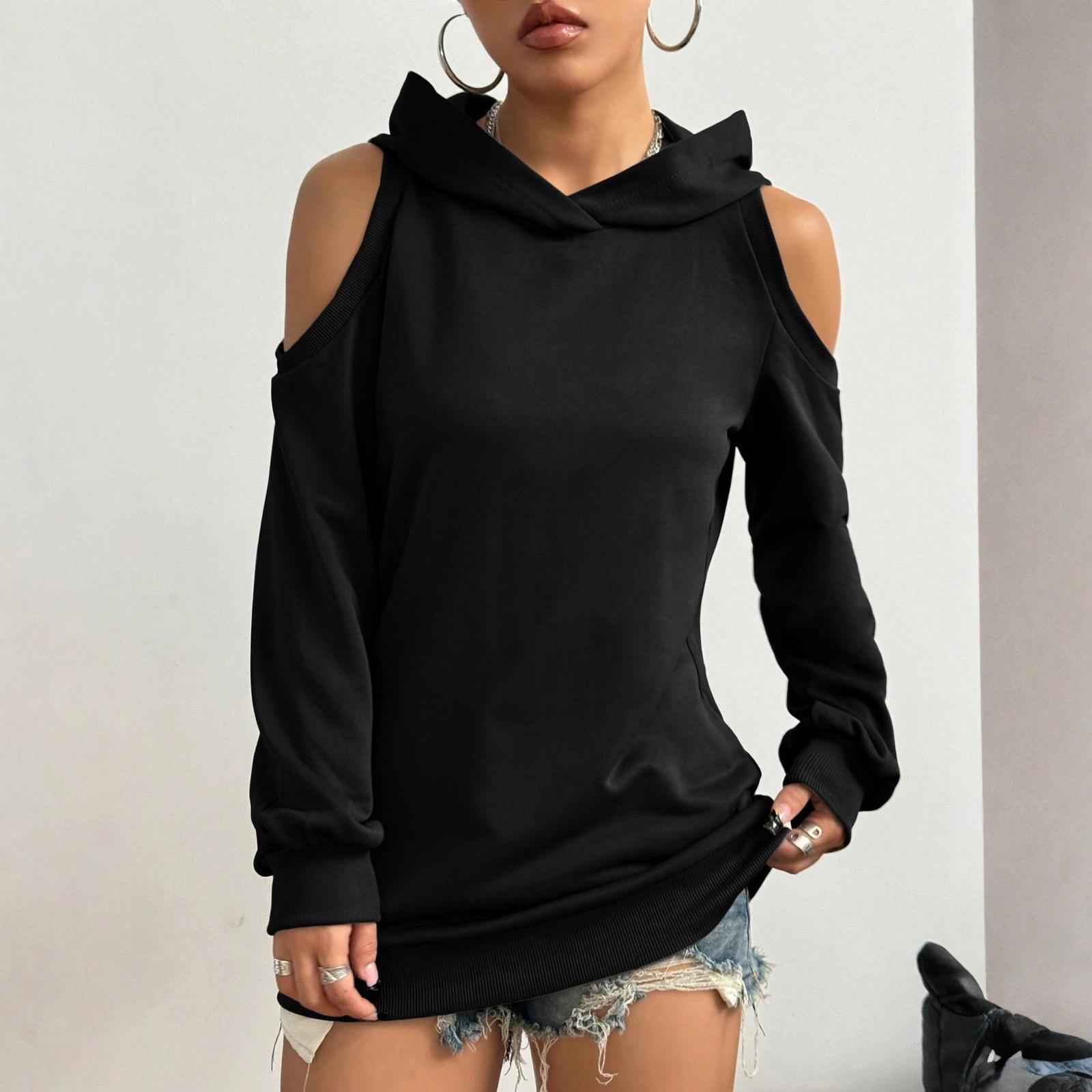 

Women s Fashion Casual Solid-color Long-sleeved Off-the-shoulder Hooded Sweatshirt L чёрный