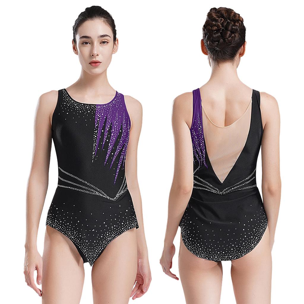 Women Shiny Rhinestone Ballet Dance Leotard Rhythmic Gymnastics Athletic Activewear Competition Costume Sheer Mesh Bodysuit