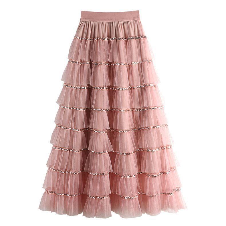

Qooth Women Sweet Princess Fairy Patchwork Gentle Sequin Tulle Cake Pleated Maxi Skirt Elastic Waist Mesh A-line Skirt QT2419 One Size рожевий
