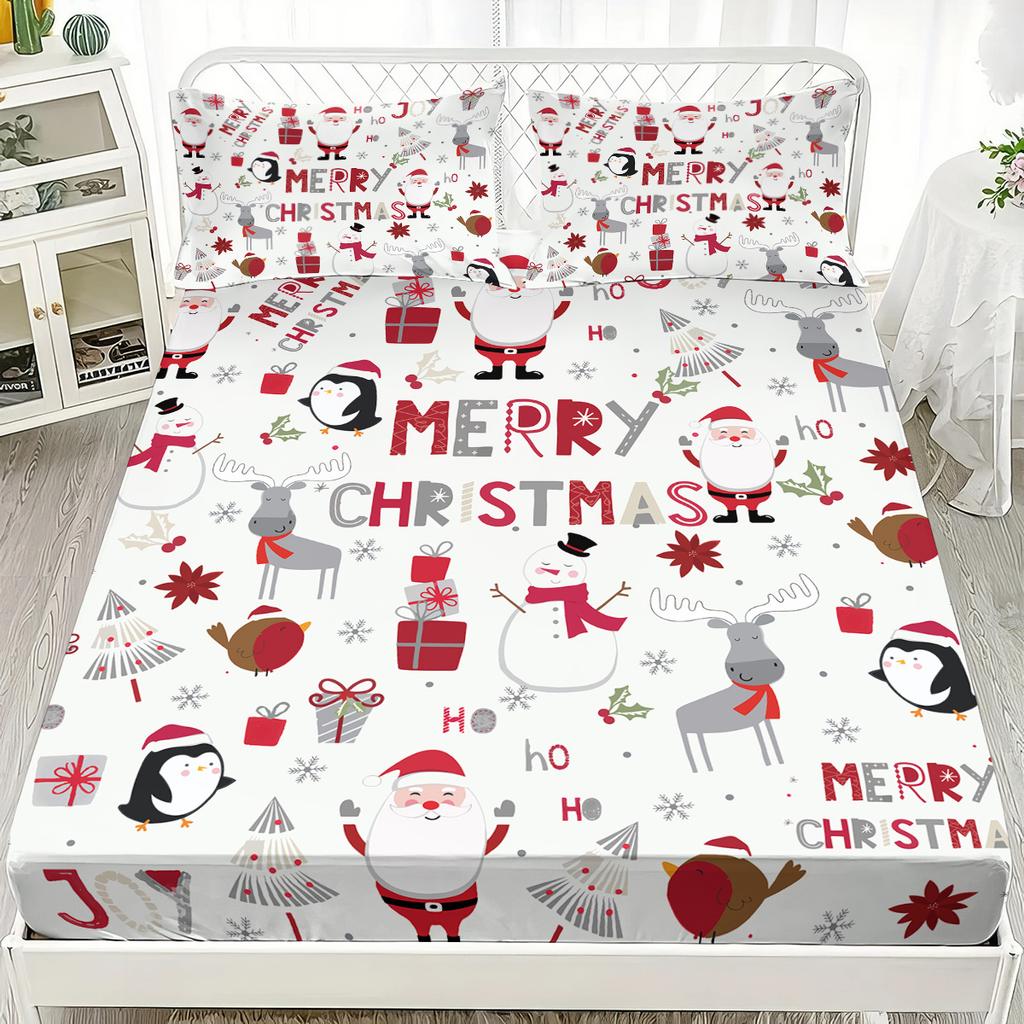 3Pcs Merry Christmas Cartoon Santa Claus Print Coreless Bed Sheet Set Multi Size Bed Cover Bedroom Dormitory Bedding Decoration