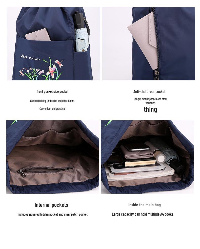 Women's Fashion Embroidery Drawstring Backpack: Oxford Cloth, Foldable Travel Bag