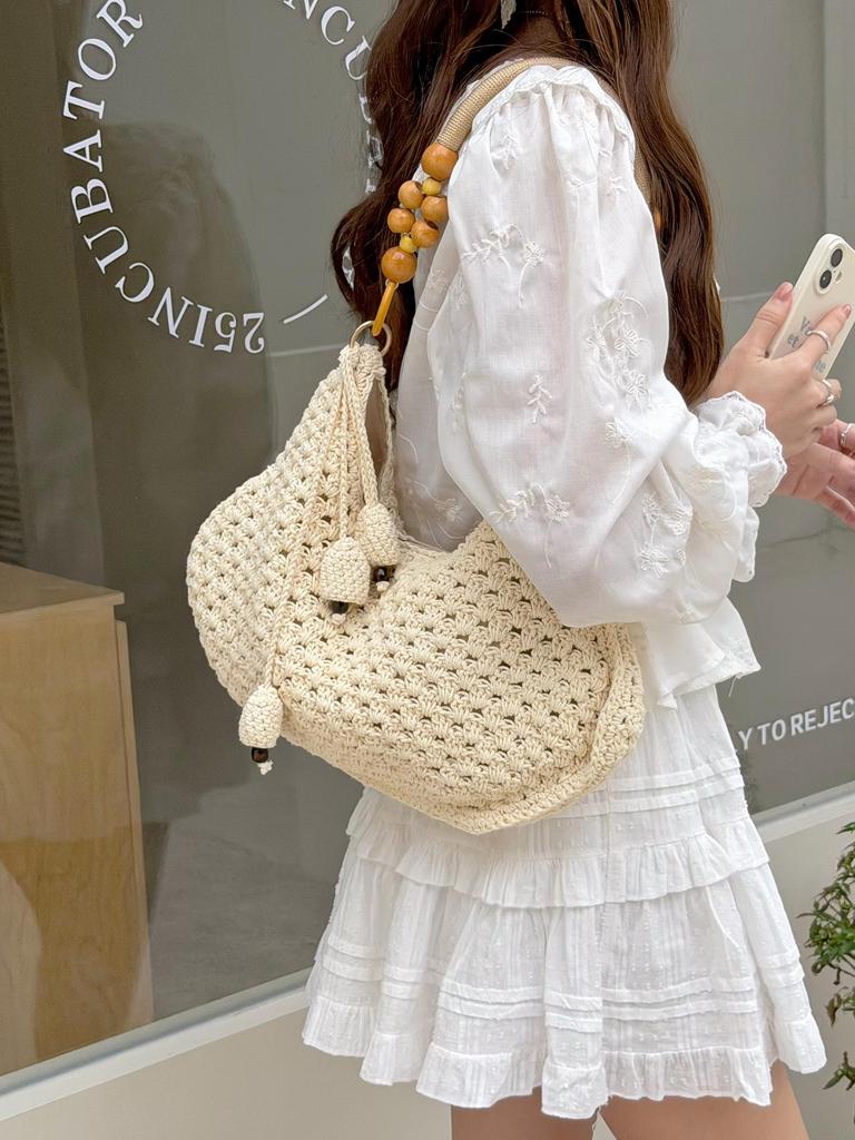 Handmade Crocheted Cotton Thread Woven Bag for Women, New Bead Art Style Hollow Out Large Capacity Vacation Style Shoulder Bag
