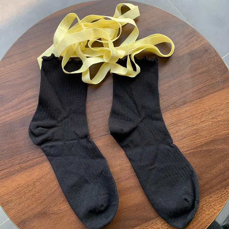Balletcore Lace-Up Socks with Ruffled Cuff, Sweet Lolita Ribbed Crew Socks for Women, Y2K Aesthetic Leg Warmers Accessories