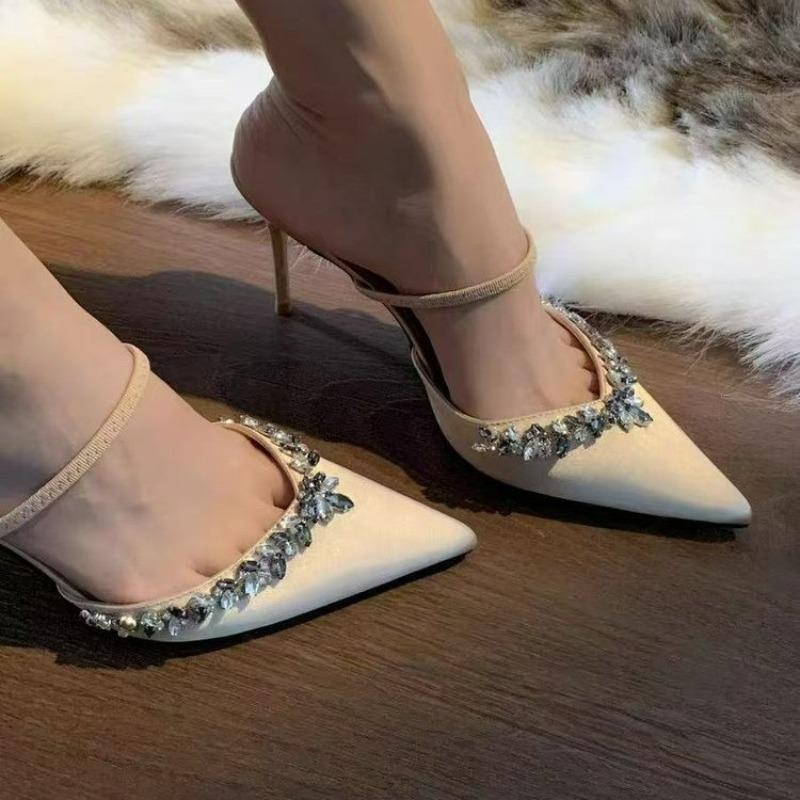 Elegant Woman  Silk Bling Crystal Rhinestone Pointed Toe Shallow Slingback Summer Sandals  Heels Pumps Slippers