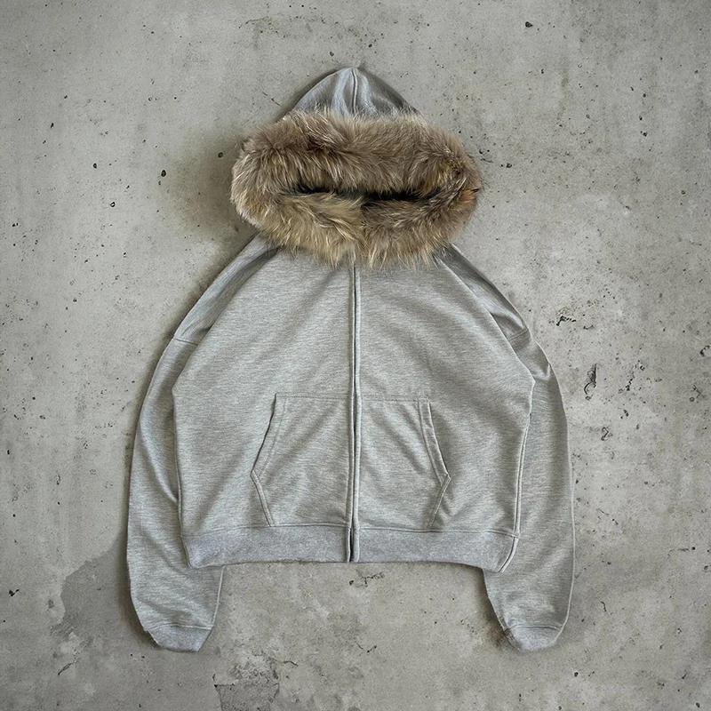 Y2K Zip Up Hoodie Faux Fur Collar Harajuku Rock Goth Top Retro Punk Loose Jacket Hip Hop Streetwear Zipper Hoodie Sweatshirt
