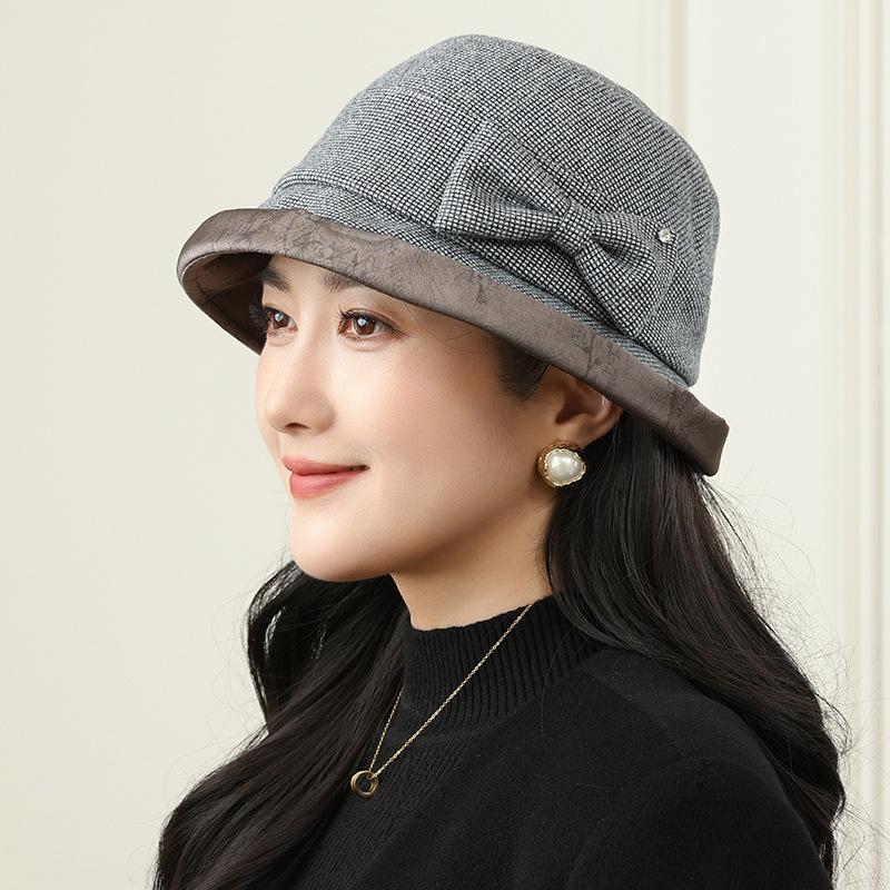 Middle-aged and Elderly Autumn and Winter Versatile Show Small Face Elegant Woolen Fashion Basin Hat Mother Temperament Bow Fisherman Hat