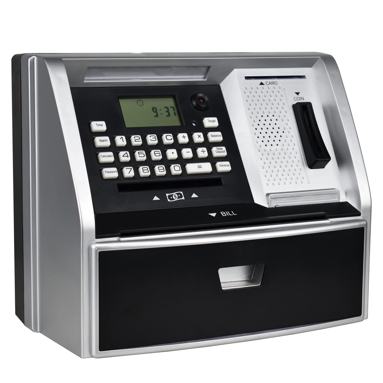 

Банкомат Копилка для Настоящих Денег с Кодовым Замком Копилка Автоматическая Прокрутка Купюр Говорящая Копилка Отличный Подарок для Детей (черный)