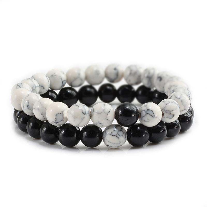 Conjunto pulseira casais distância preto branco natural lava pedra olho de tigre frisado yoga pulseiras para homens mulheres corda elástica jóias