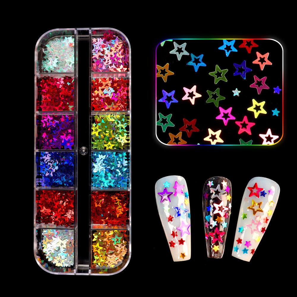 Nagelglitzer-Pailletten, 12 Gitter/Box, Zellstoff, unregelmäßige Flocken, Nagelglitzer, glänzender Laser, mehrfarbig, Nagelkunst-Dekoration
