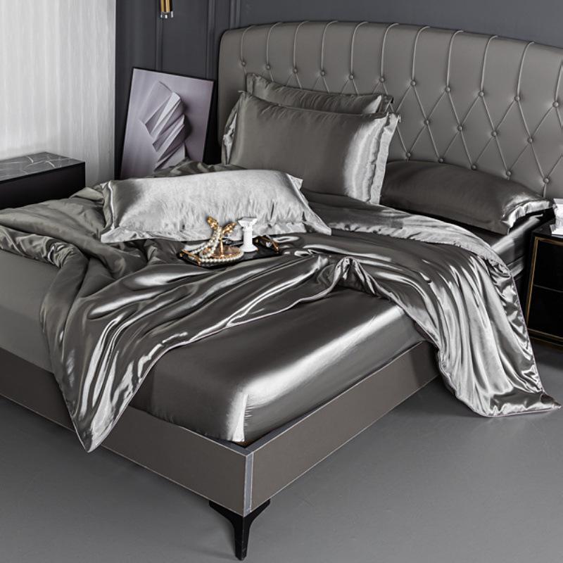 Summer double-sided ice silk mattress four-piece set silky smooth and cool silk three-piece set bed sheet quilt cover light luxury bedding cool