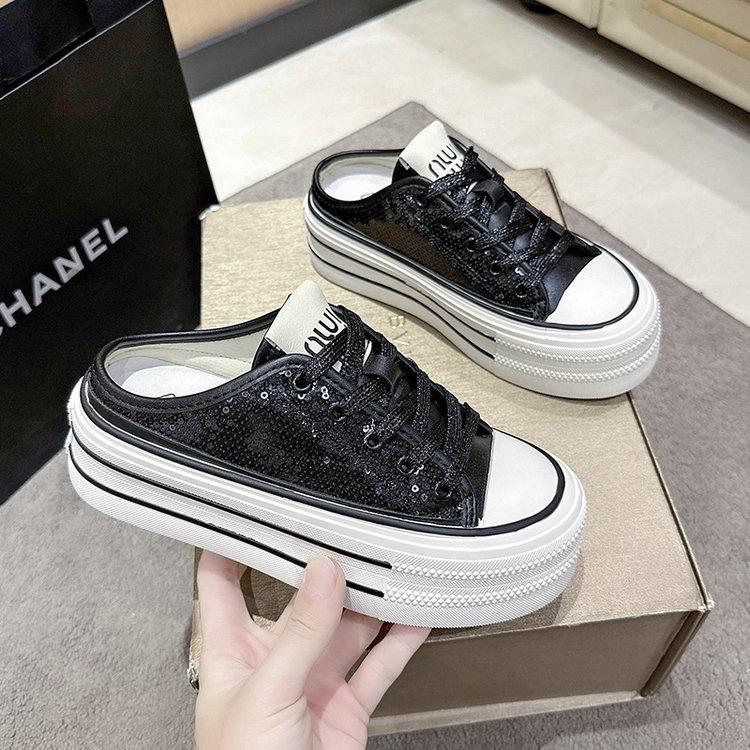 

Туфли Baotou на платформе с серебристым полукольцом, женские, лето 2024, новые корейские, маленькие, повседневные, классные тапочки с блестками 35 чёрный