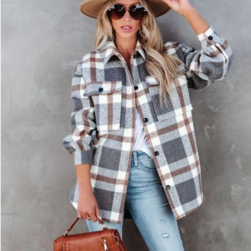 

European Station Plaid Woolen Casual Coat Gray 2XL