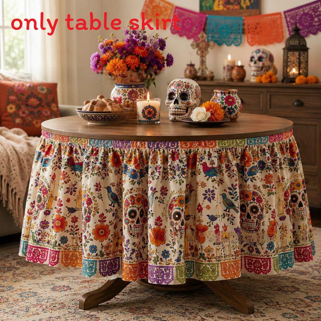 Dia De Los Muertos Table Skirt Mexican Skull Pattern Polyester Party Decor For Events