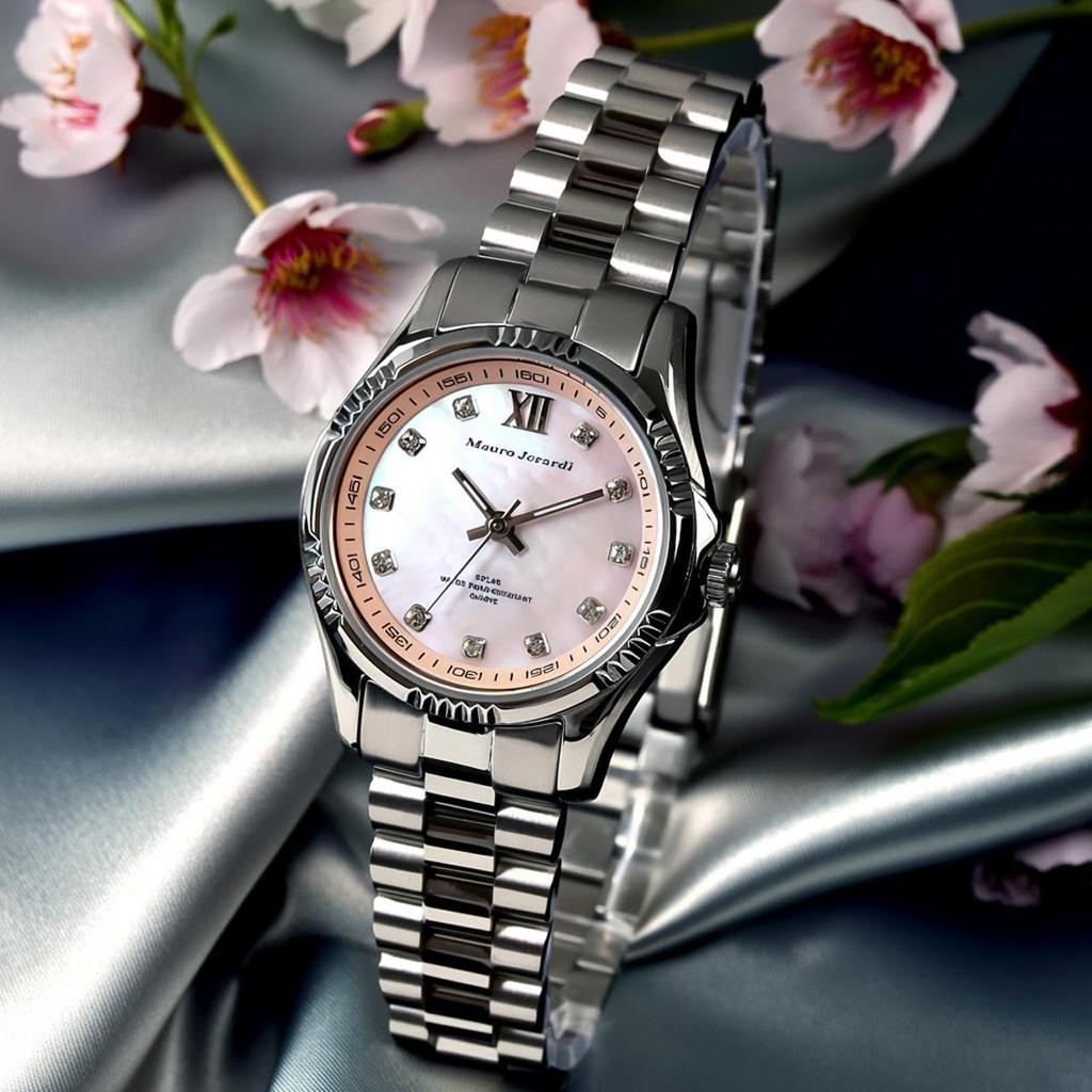 Mauro Geraldi Solar All Stainless 5 ATM Water Pink MJ038 Watch, Steel, Resistant, Zirconia, Women's, MOP, (MJ038-3/Pink)
