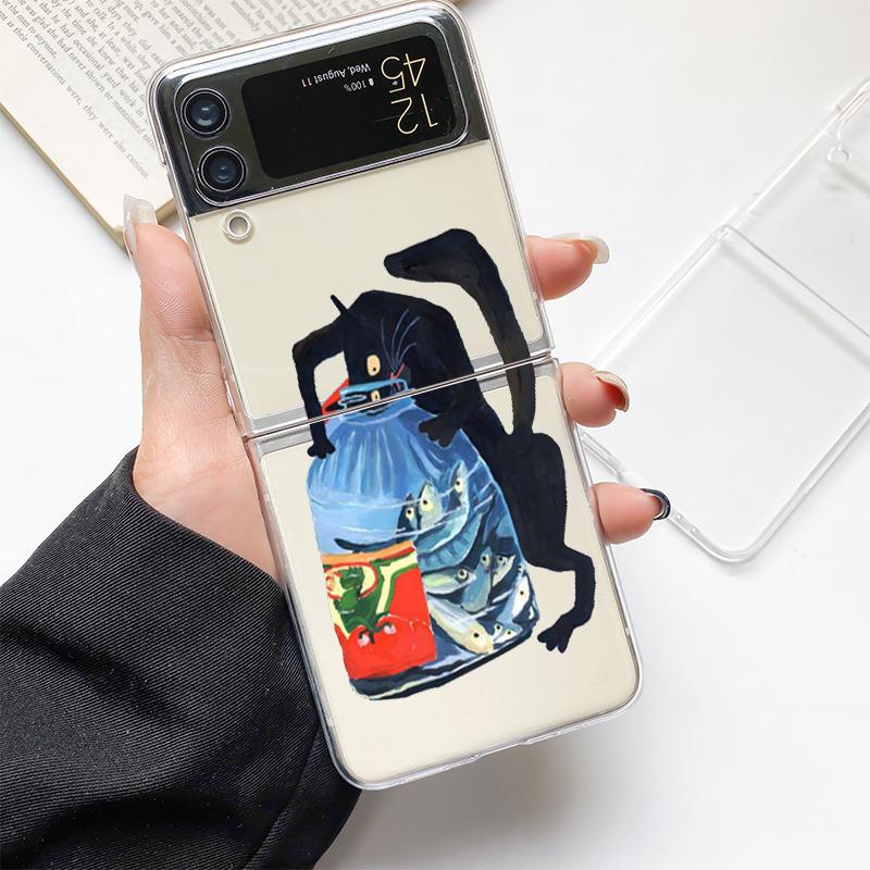 Lovely Cat Playing Fun Fashion Phone Case For Samsung Galaxy Z Flip 3 4 5 6 7 Hard Folding Z Flip4 Clear PC Cover Gift