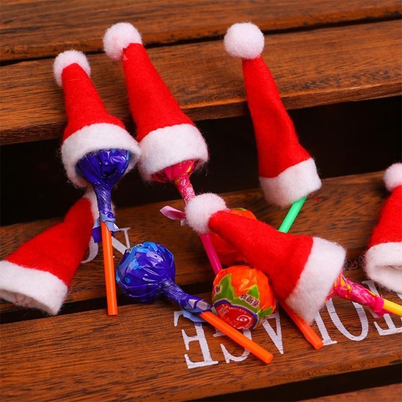 Christmas Lollipop Hat Mini Santa Elf Cap Candy Wine Bottle Cover for Xmas DIY Craft Dinner Table Decoration 10pcs