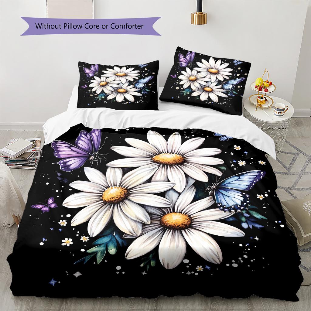 Daisy Butterfly  Pattern Bedding Quilt Set Quilt Cover Pillowcase Home Decoration  Gift (1 * Duvet Cover + 2 * Pillowcase, Without Core)