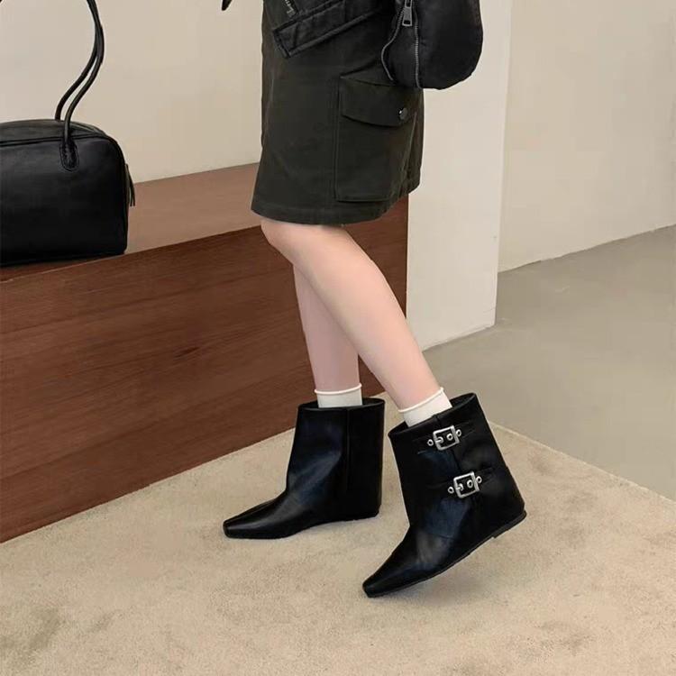 Retro belt buckle fashion boots women's autumn soft-soled inner heightening trouser tube boots sleeve slim small square head short boots