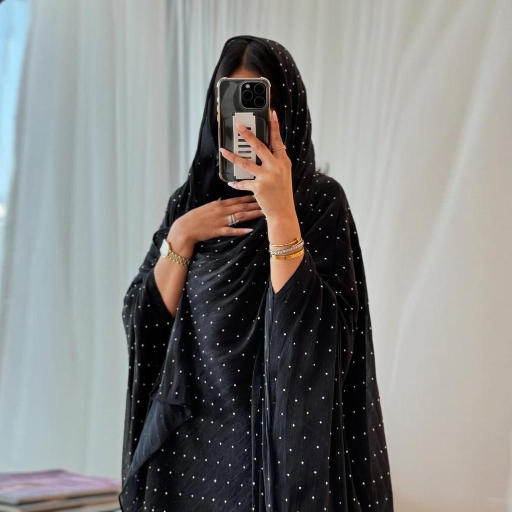 MQ197 Modest Dubai Abaya Set: Long Robe Coat with Hot Drill Details & Headscarf