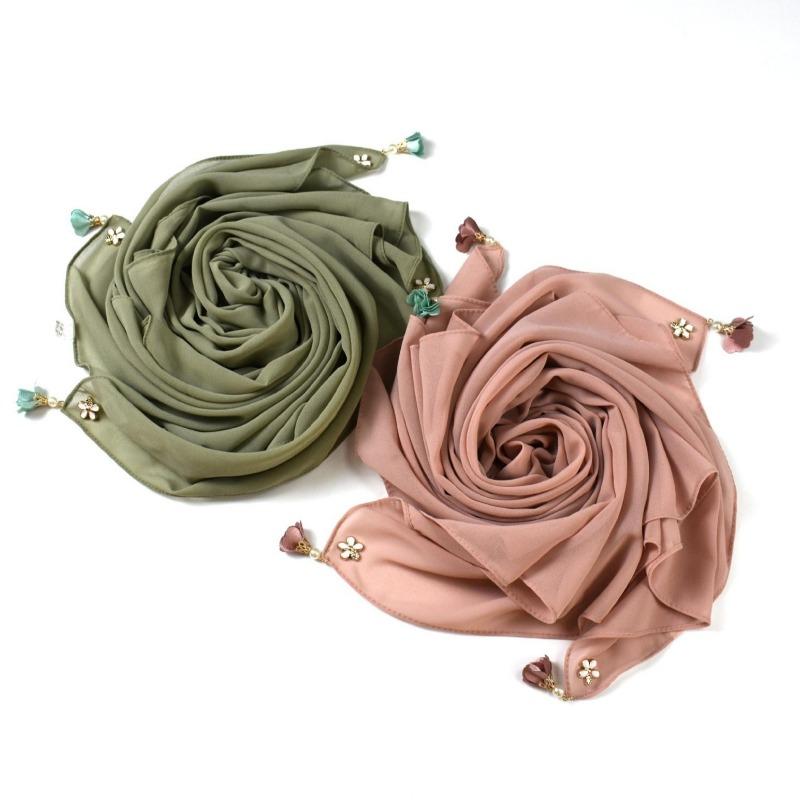 Pure Color Pearl Chiffon Square Scarf For Women Ins Style