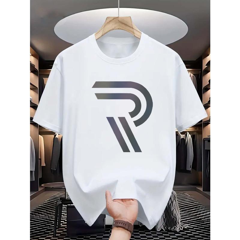European Sizes Men'S Gradient Letter Print T-Shirt, Casual Crew Neck with Slight Stretch, Regular Fit, Short Sleeve Tee, for Summer
